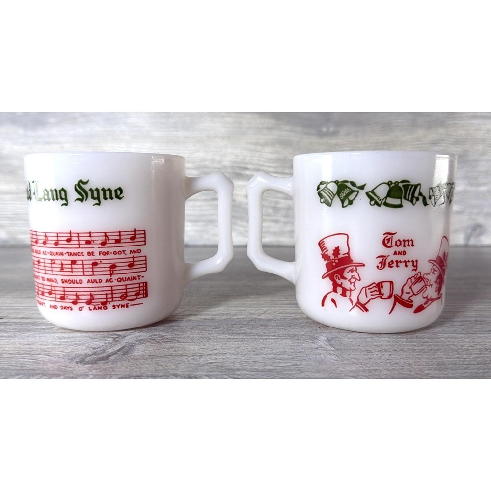 2 Vtg Hazel Atlas Tom & Jerry Auld Lang Syne Milk Glass Punch Mugs Mid-Century